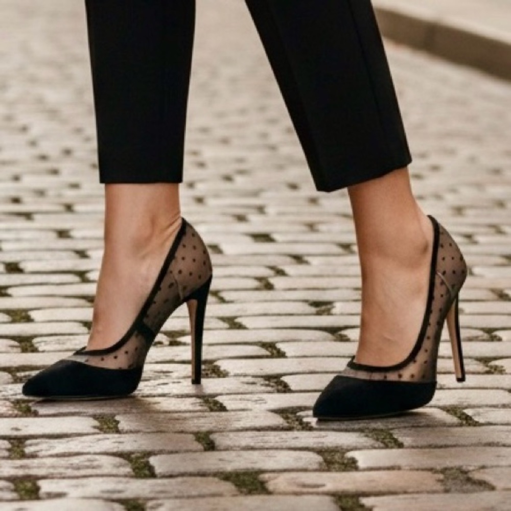 FRENCH CONNECTION Black Suede & Sheer Mesh 5” Stiletto Heels EU 39 / US 8.5